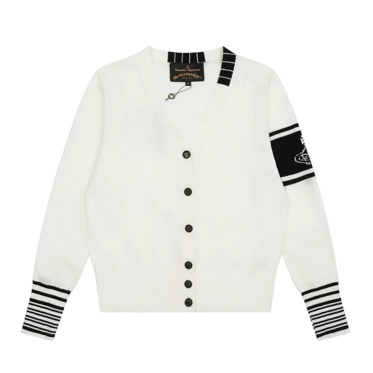 Vivienne Westwood Knitwear Striped-trim V-neck button cardigan — white