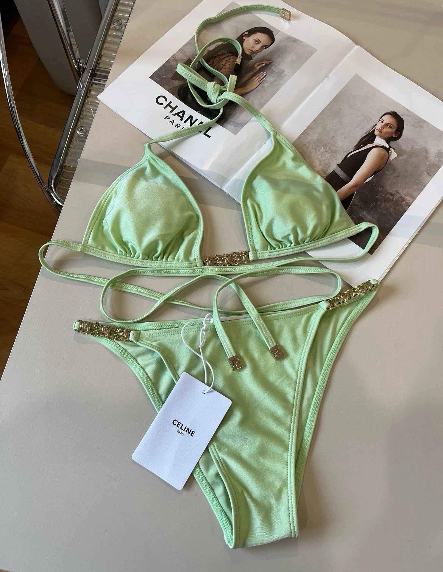 Celine Swimwear Triomphe triangle bikini set — Light green