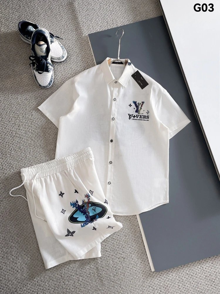 Unbranded Matching Sets Short-Sleeve Button Shirt and Drawstring Shorts Set — SKU-03-G03 White