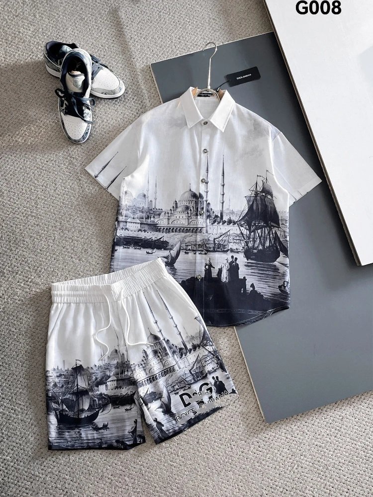 Unbranded Matching Sets Short-Sleeve Button Shirt and Drawstring Shorts Set — SKU-07-G008 White