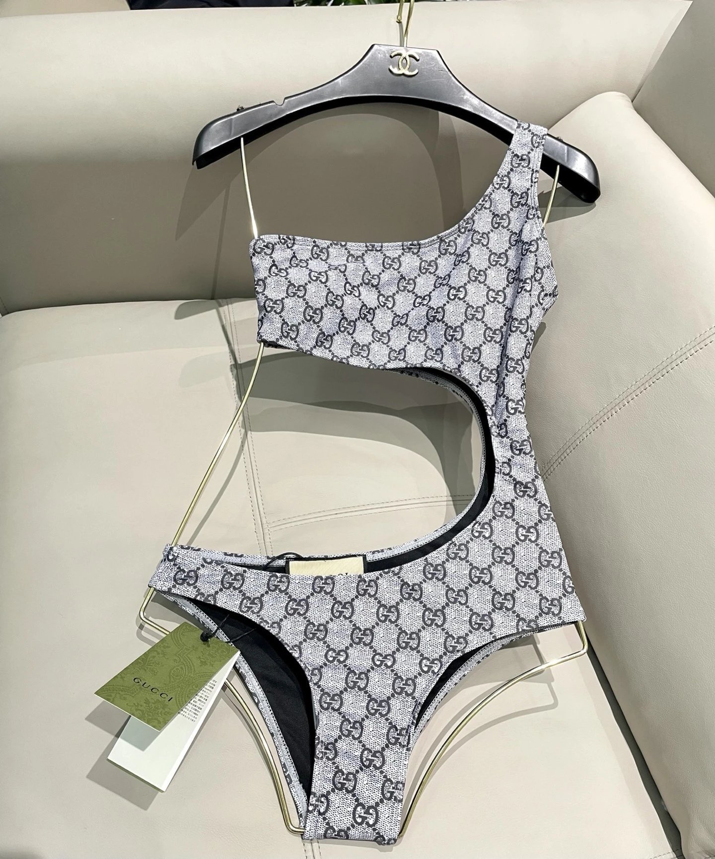Gucci Swimwear One-Shoulder Cutout One-Piece Swimsuit — gray