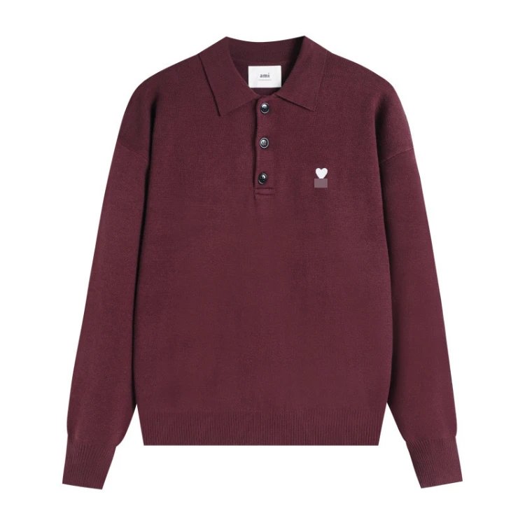 AMI Paris Knitwear de Cœur Polo Collar Knit Sweater — Early Red