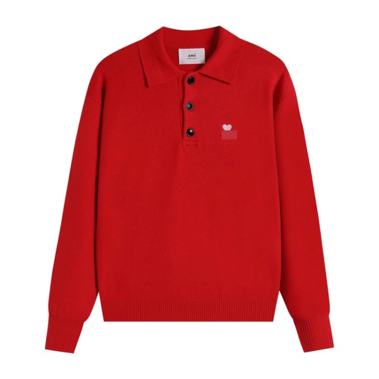 AMI Paris Knitwear de Cœur Polo Collar Knit Sweater — Bright Red