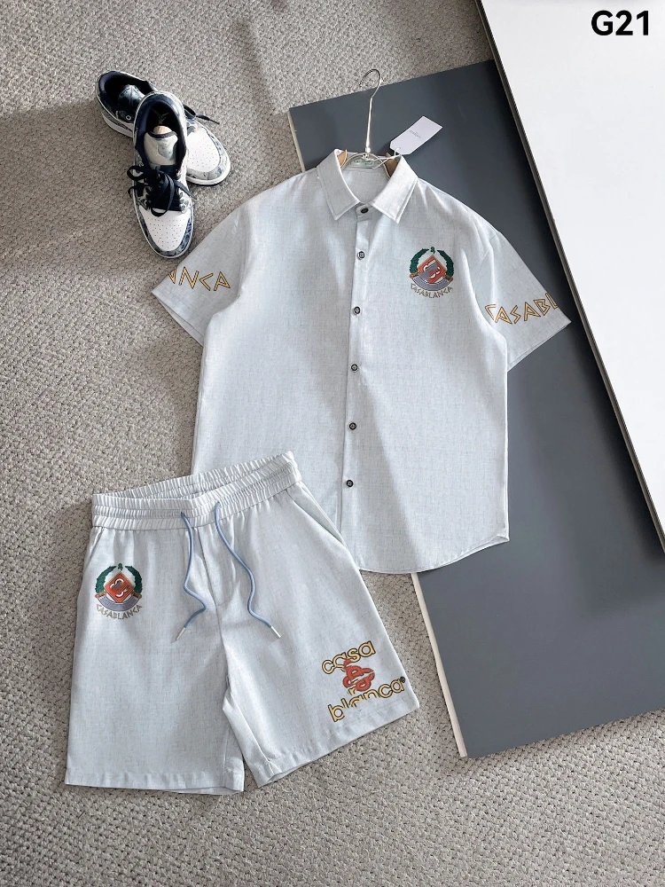 Unbranded Matching Sets Short-Sleeve Button Shirt and Drawstring Shorts Set — SKU-21-G21 White