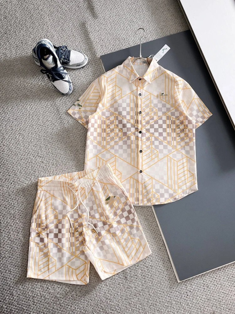 Unbranded Matching Sets Short-Sleeve Button Shirt and Drawstring Shorts Set — SKU-30-G30 Light Yellow