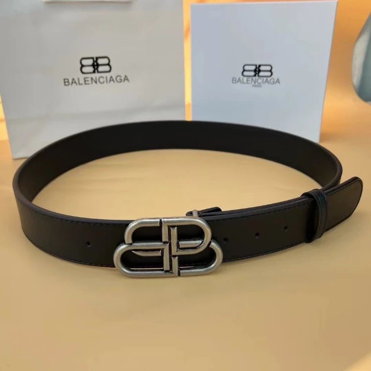 Balenciaga Belts BB-logo buckle leather belt — SKU-S-01-Antique Silver Buckle (Comes with Original Label and Small Gift Box) -90cm [Suitable for Pants Size 25–26]