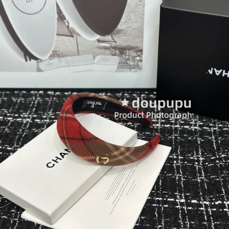 Chanel Uncategorized Plaid Padded Headband — SKU-01-red coffee check hairband