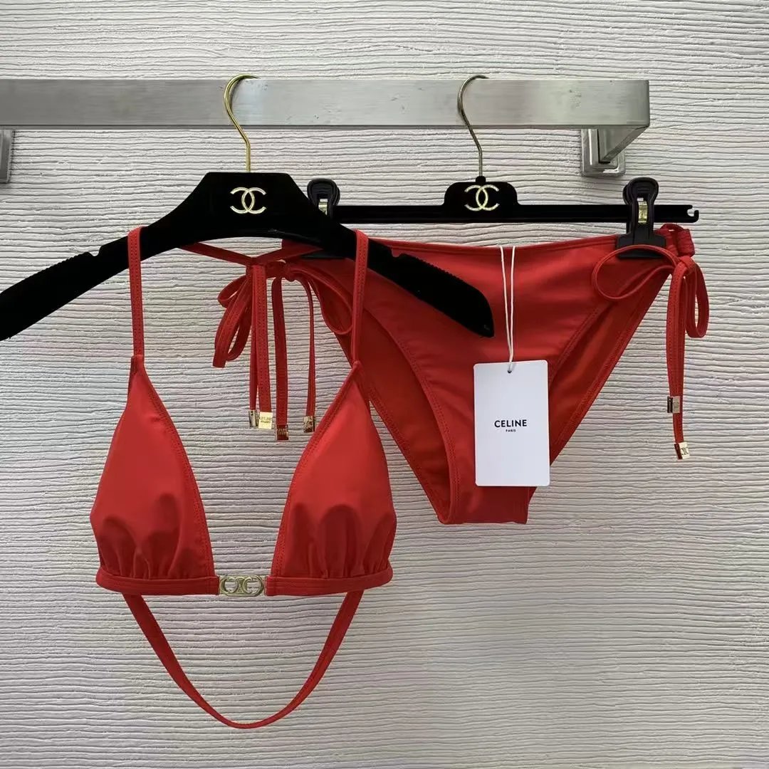Celine Swimwear Triomphe triangle bikini set — Red