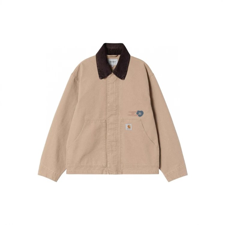 Carhartt Jackets Canvas work jacket with corduroy collar, zip front and back graphic — Khaki