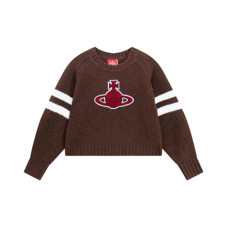 Vivienne Westwood Knitwear 6395 Orb embroidered striped-sleeve crewneck sweater — Wine red