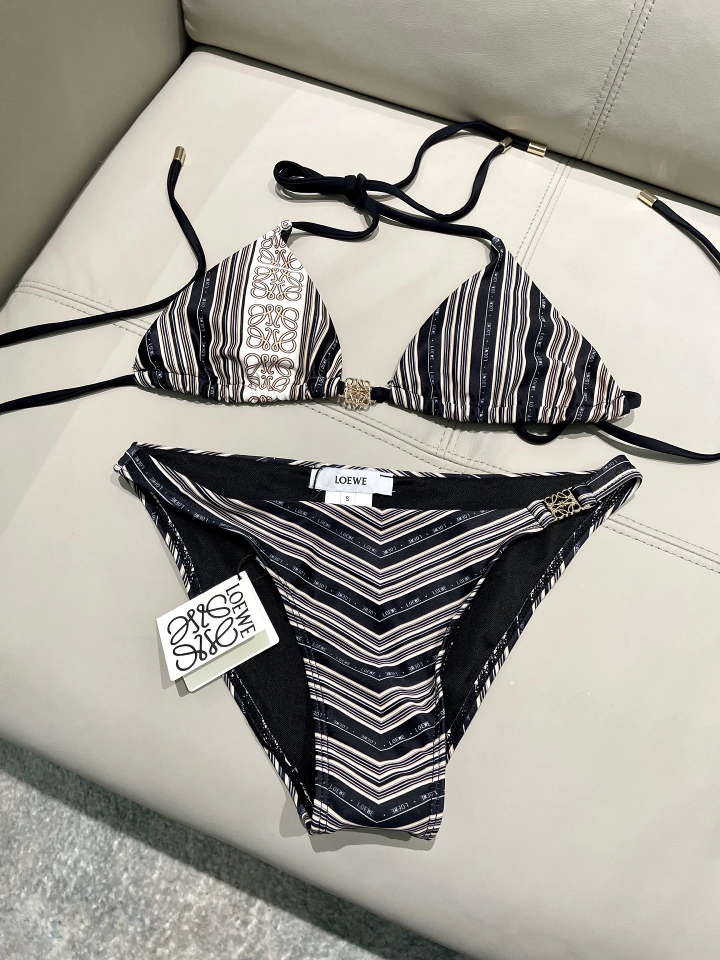 Loewe Swimwear Triangle Bikini Set with Tie-Side Bottoms — Black stripes