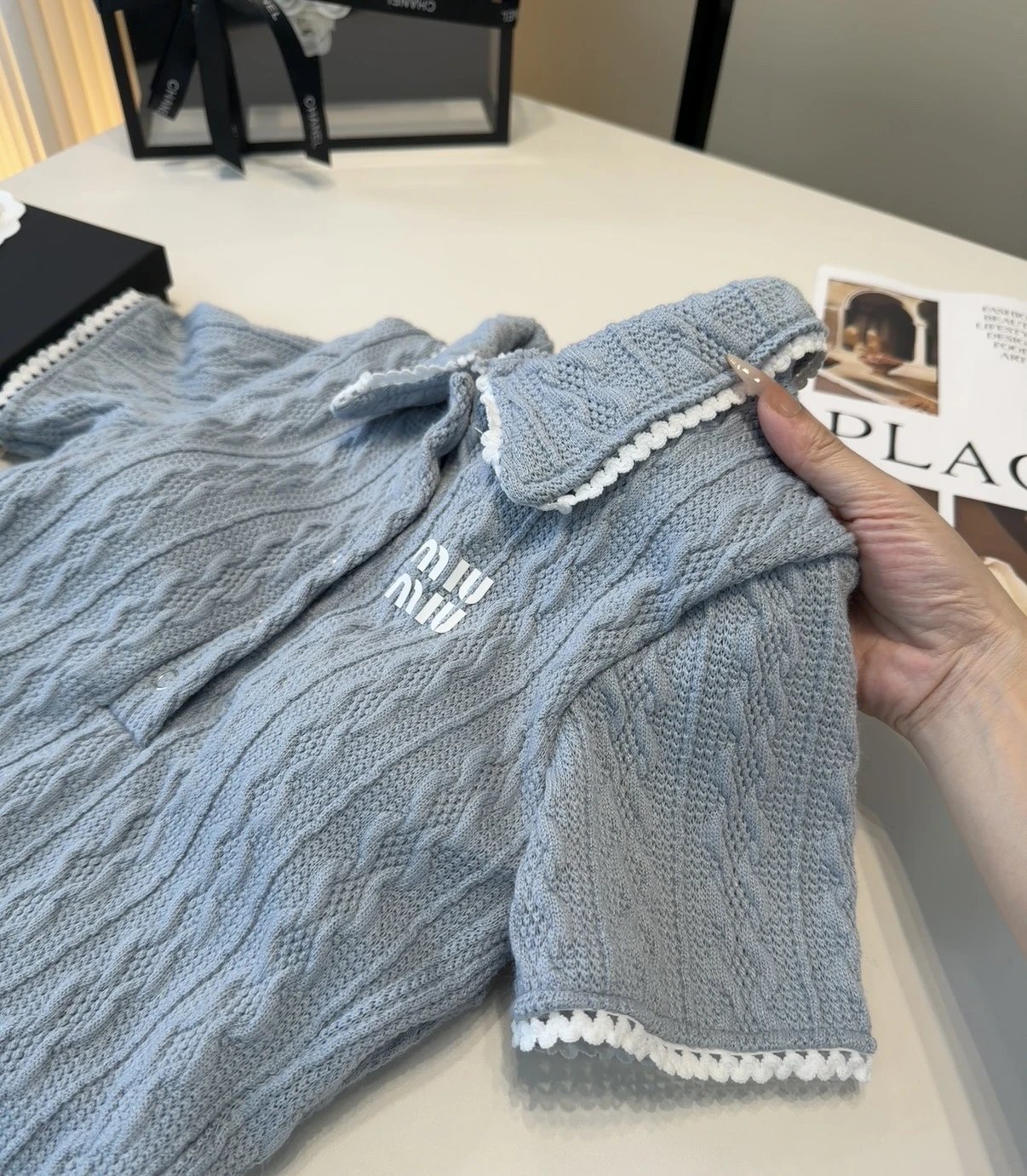 Miu Jumpsuits Cable-Knit Peter Pan Collar Short-Sleeve Bodysuit image 4