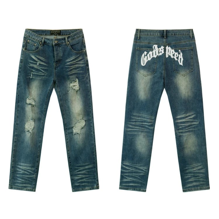 Godspeed Shorts Embroidered logo patchwork distressed denim — SKU-11-OAS8211 Blue