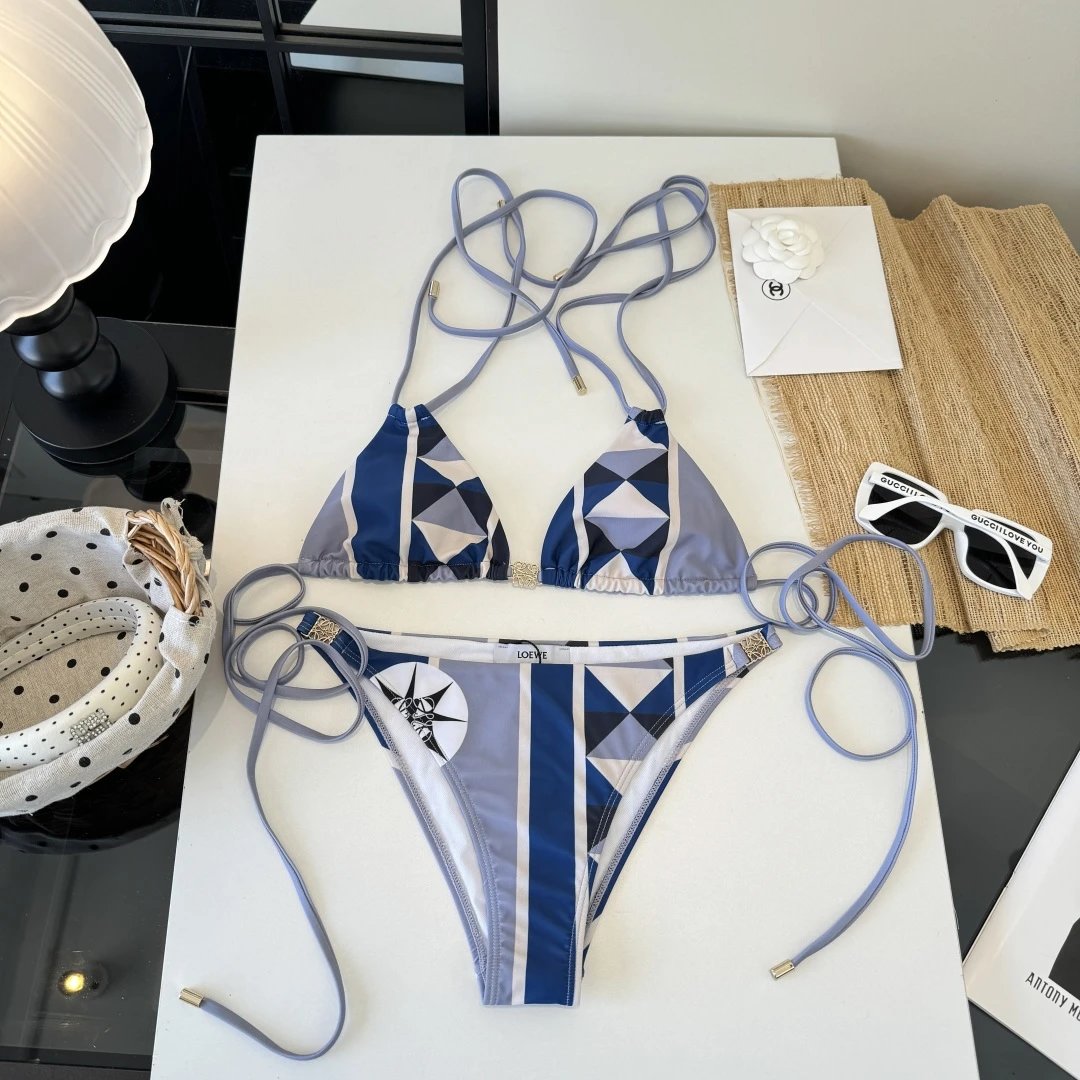 Loewe Swimwear Triangle Bikini Set with Tie-Side Bottoms — Blue-gray