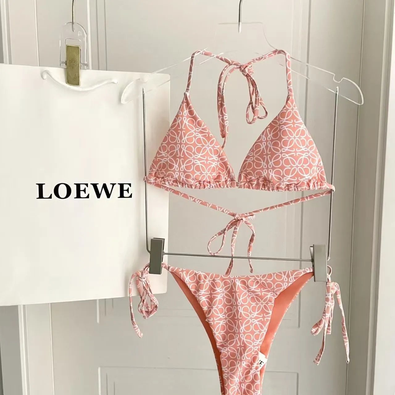 Loewe Swimwear Triangle Bikini Set with Tie-Side Bottoms — Pink
