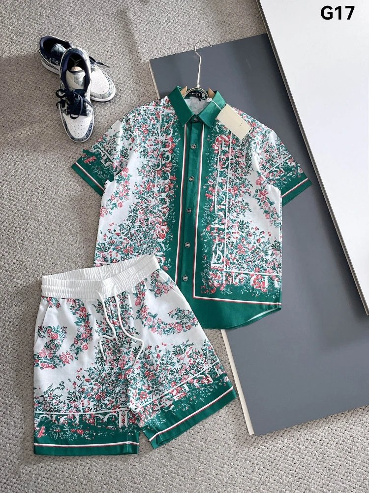 Unbranded Matching Sets Short-Sleeve Button Shirt and Drawstring Shorts Set — SKU-17-G17 Green