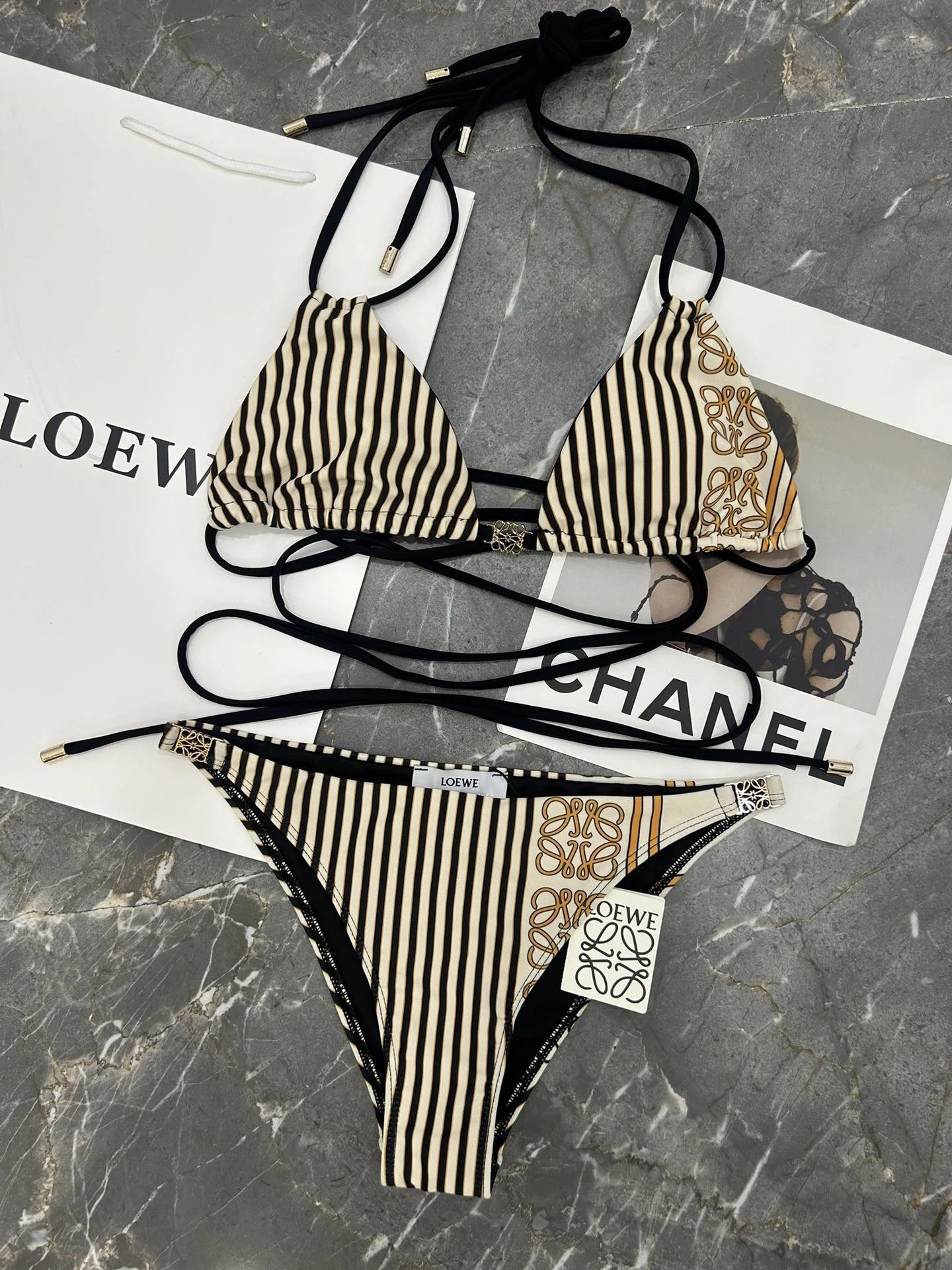 Loewe Swimwear Triangle Bikini Set with Tie-Side Bottoms — stripes