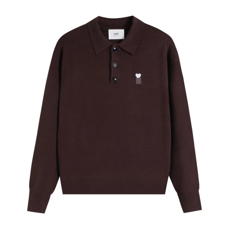 AMI Paris Knitwear de Cœur Polo Collar Knit Sweater — Dark coffee