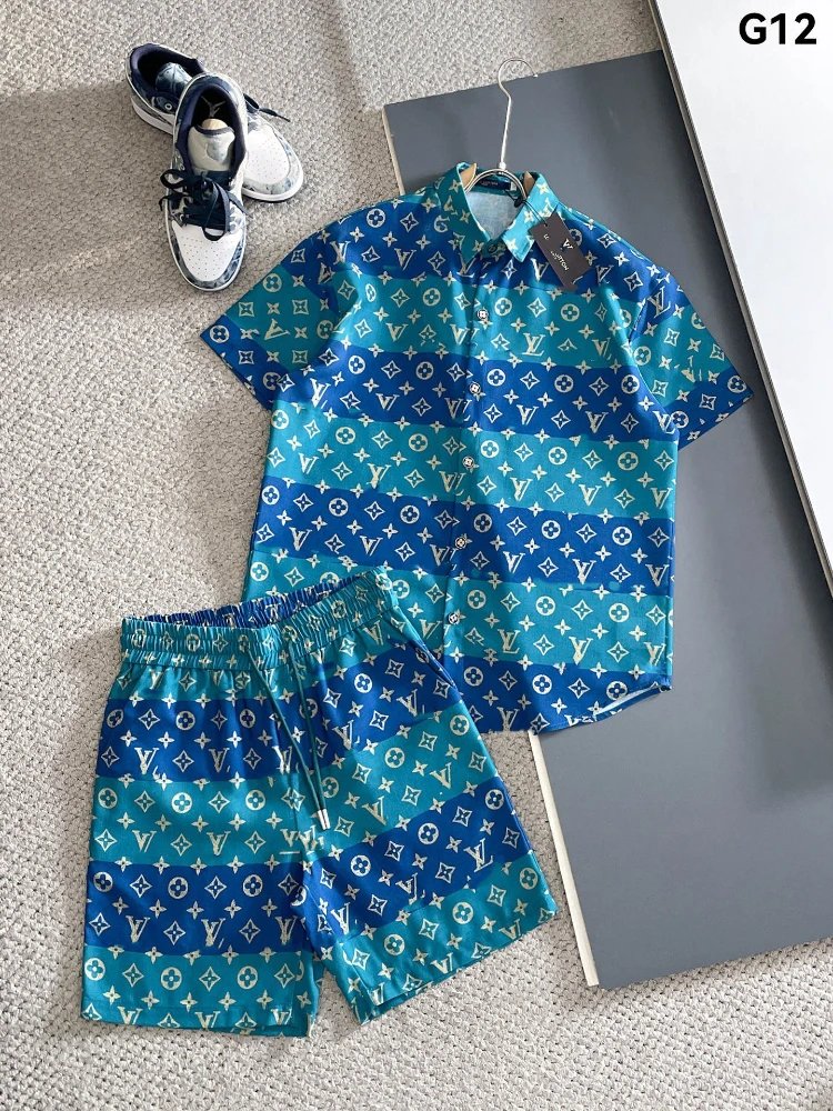 Unbranded Matching Sets Short-Sleeve Button Shirt and Drawstring Shorts Set — SKU-13-G12 Blue