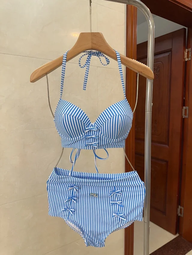 Unbranded Swimwear Blue and white striped lace-up halter bikini set product detail image 1