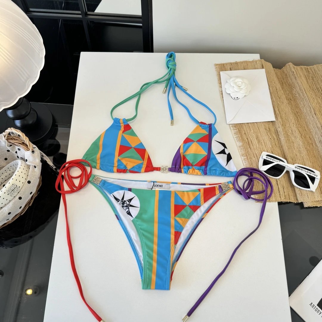 Loewe Swimwear Triangle Bikini Set with Tie-Side Bottoms — Multicolor