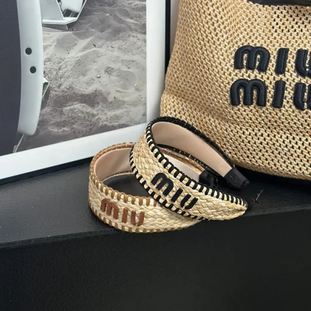 Miu Uncategorized Braided straw wide headband with logo lettering product detail image 1