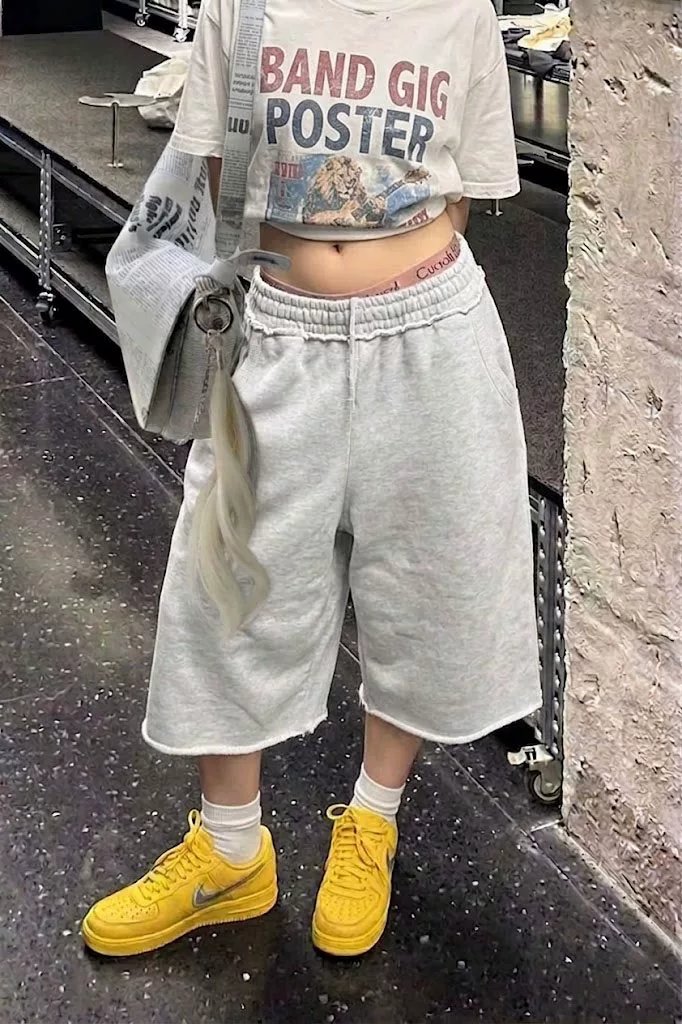 American Retro Wide-Leg Sweatpants Lazy Style Frayed Hem Seven-Length Elastic Waist TM1052543981393