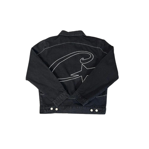 Black Denim Jacket with Wave and Star Design