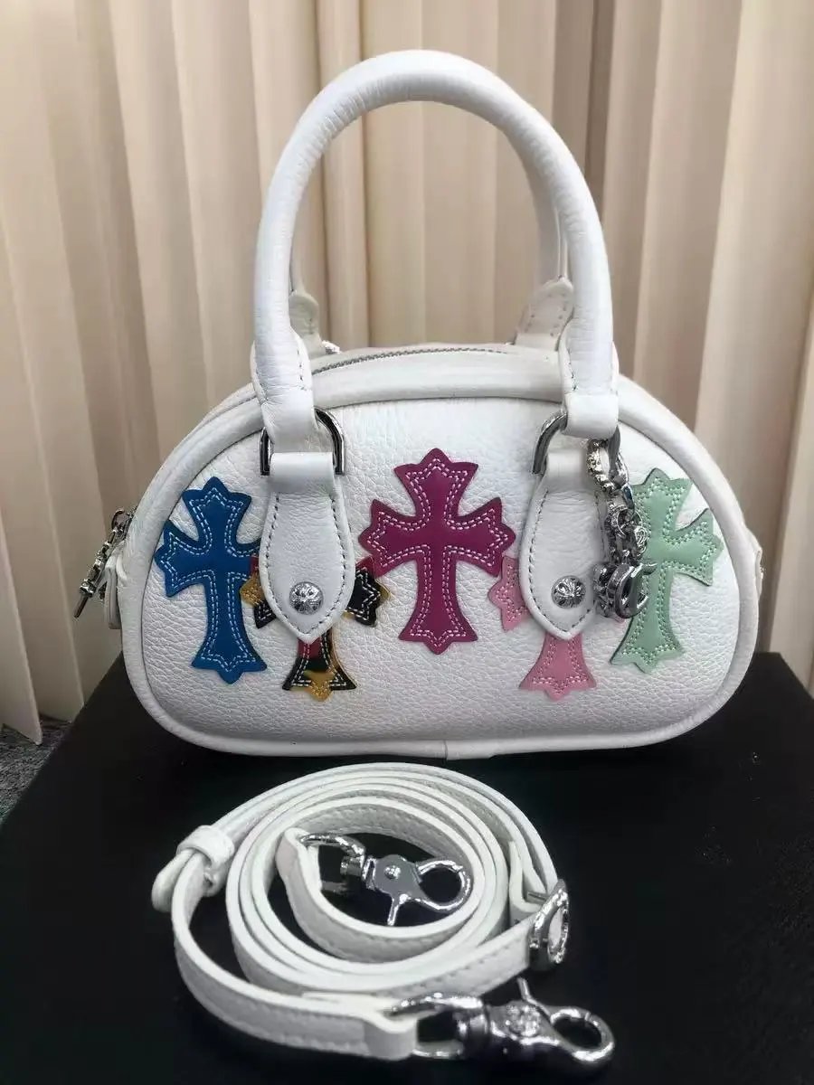 Unbranded Crossbody Bags Bowling bag with multicolour cross appliqués — Kingswear Bowling Bag – White and Colorful