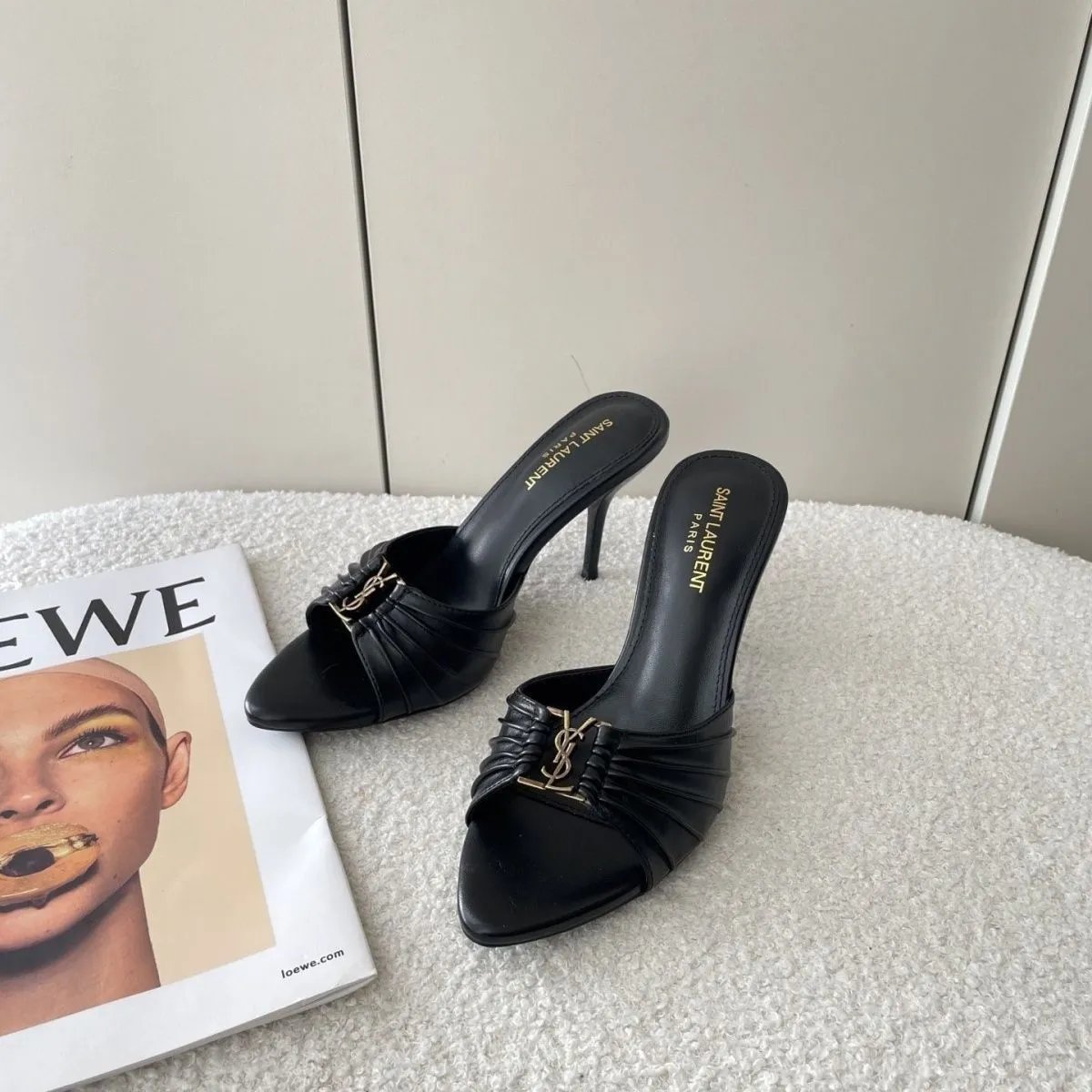 Saint Laurent High Heels Pleated-logo stiletto mule sandals image 3