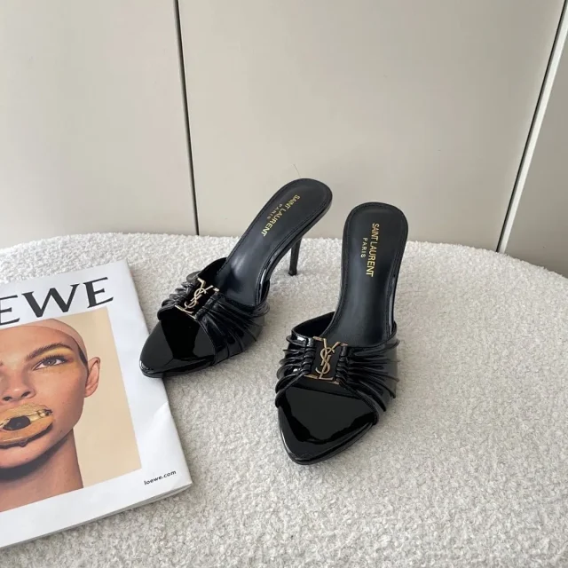 Saint Laurent High Heels Pleated-logo stiletto mule sandals product detail image 5