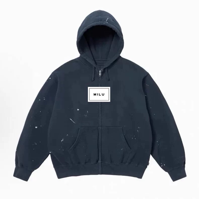 Self-Branded Box Logo Zip-Up Hooded Sweatshirt with Splash Ink Pattern - Same Style as Ziyu