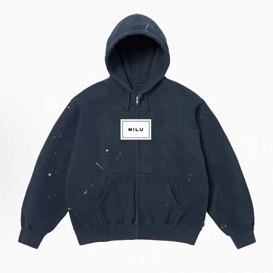 Self-Branded Box Logo Zip-Up Hooded Sweatshirt with Splash Ink Pattern - Same Style as Ziyu