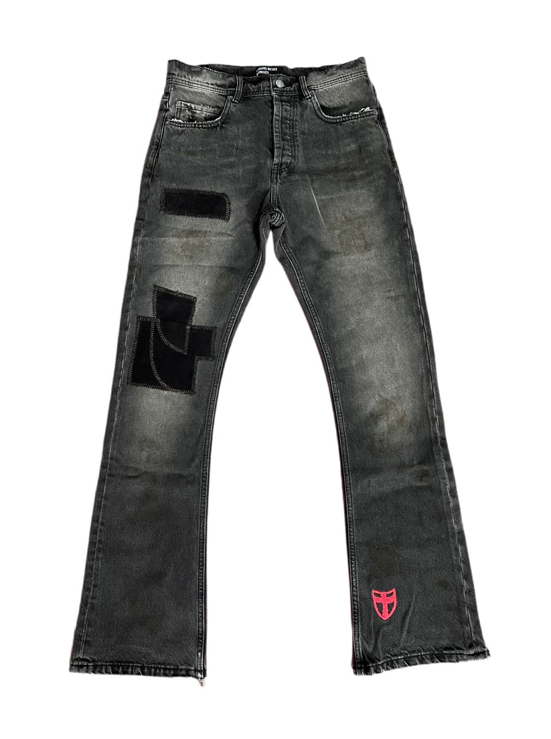 (In Stock, Ships Immediately) ERD 24FW Washed Distressed Patch Mud-Dye Black Patchwork Pants