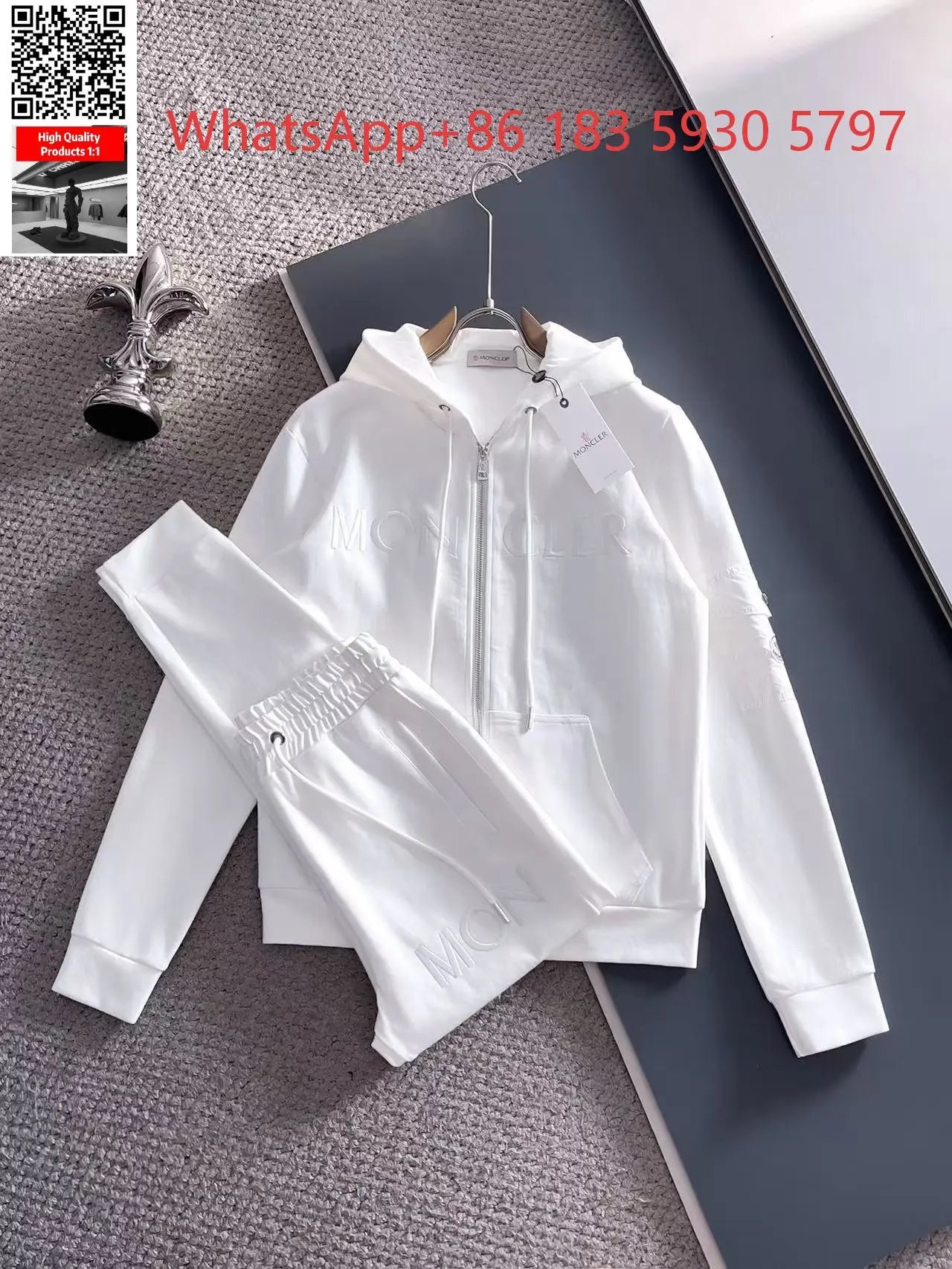 Moncler Mixed puffer jackets and tracksuit sets — Zip-up hoodie and embroidered letter set-white