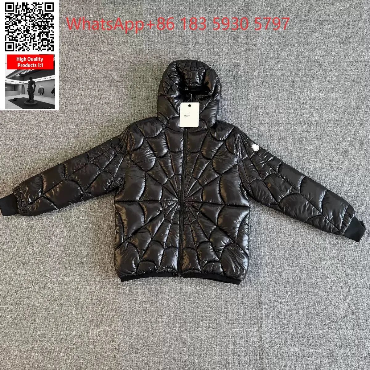 Moncler Mixed puffer jackets and tracksuit sets — Spider-print hooded down jacket-glossy black