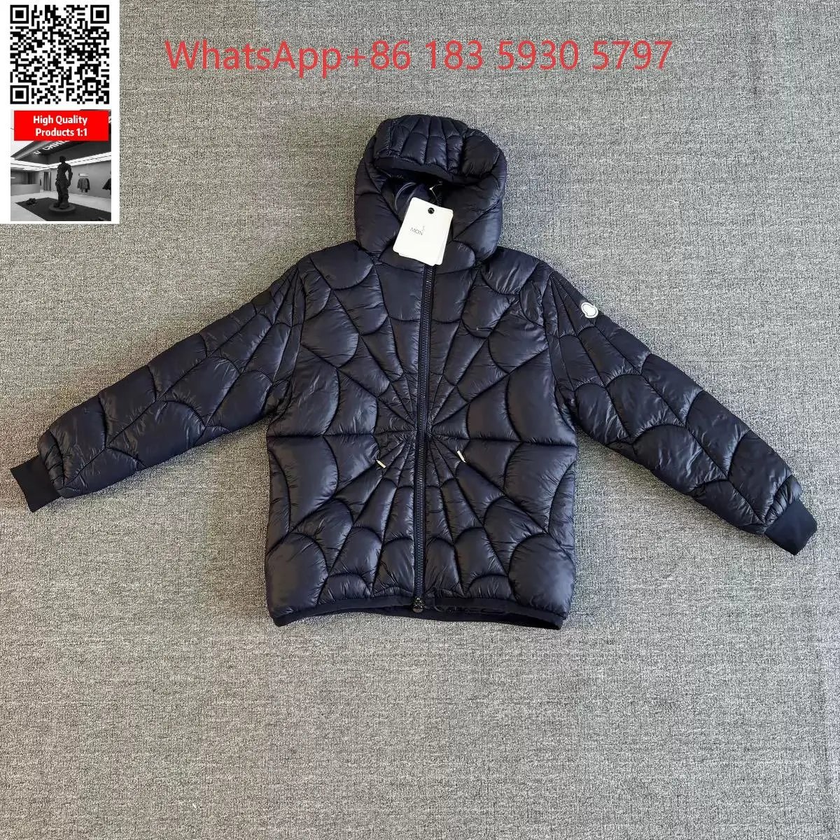 Moncler Mixed puffer jackets and tracksuit sets — Spider-print hooded down jacket-navy blue