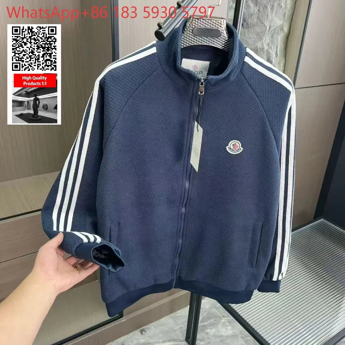 Moncler Mixed puffer jackets and tracksuit sets — Stand-collar zip-up jacket-navy blue