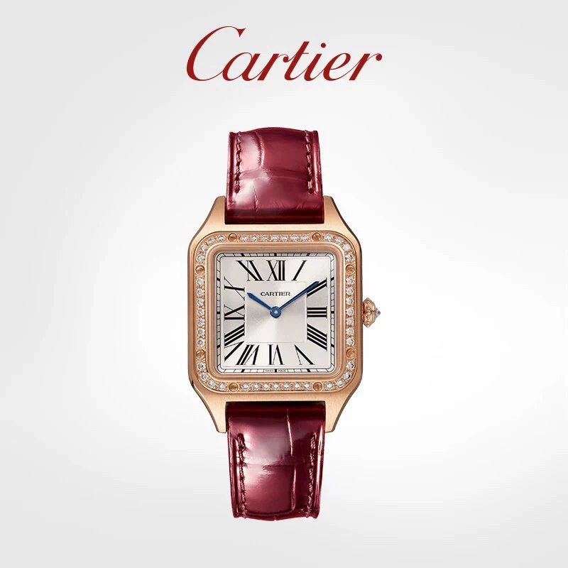 Vierkant Cartier horloge in roze goudkleur met rode lederen band