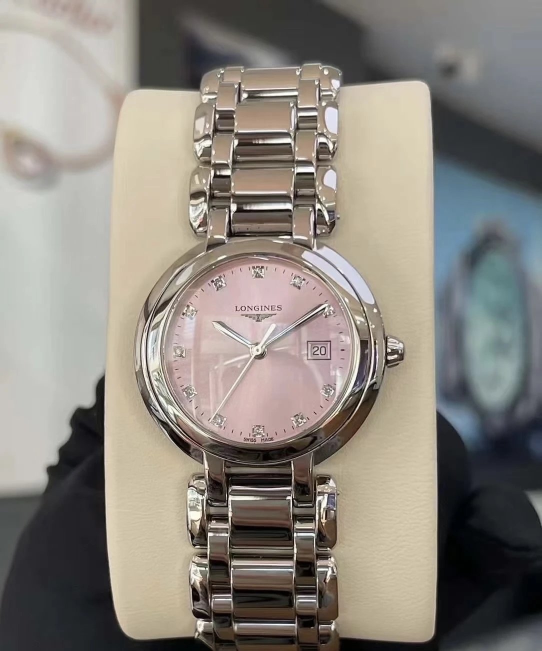 Longines Watch with Pink Dial and Link Bracelet