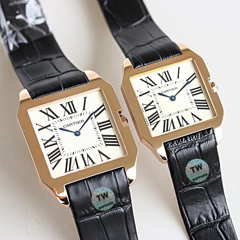 Cartier vierkant horloge met goudkleurige kast en zwarte leren band