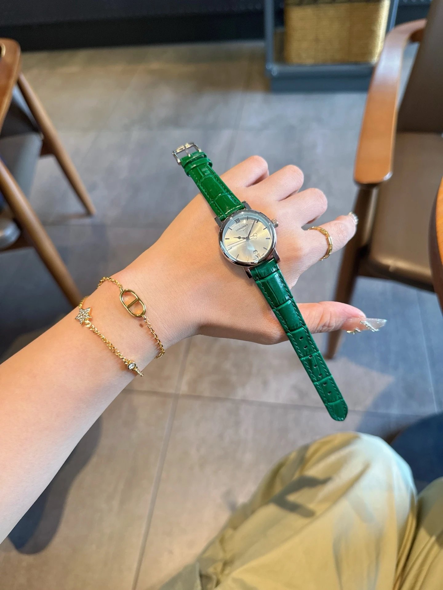 Longines Watch with Green Leather Strap and Silver Dial