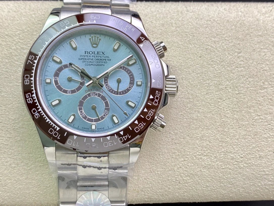 Rolex Cosmograph Daytona chronograaf horloge met ijsblauwe wijzerplaat en bruine lunette 40 mm Variant K