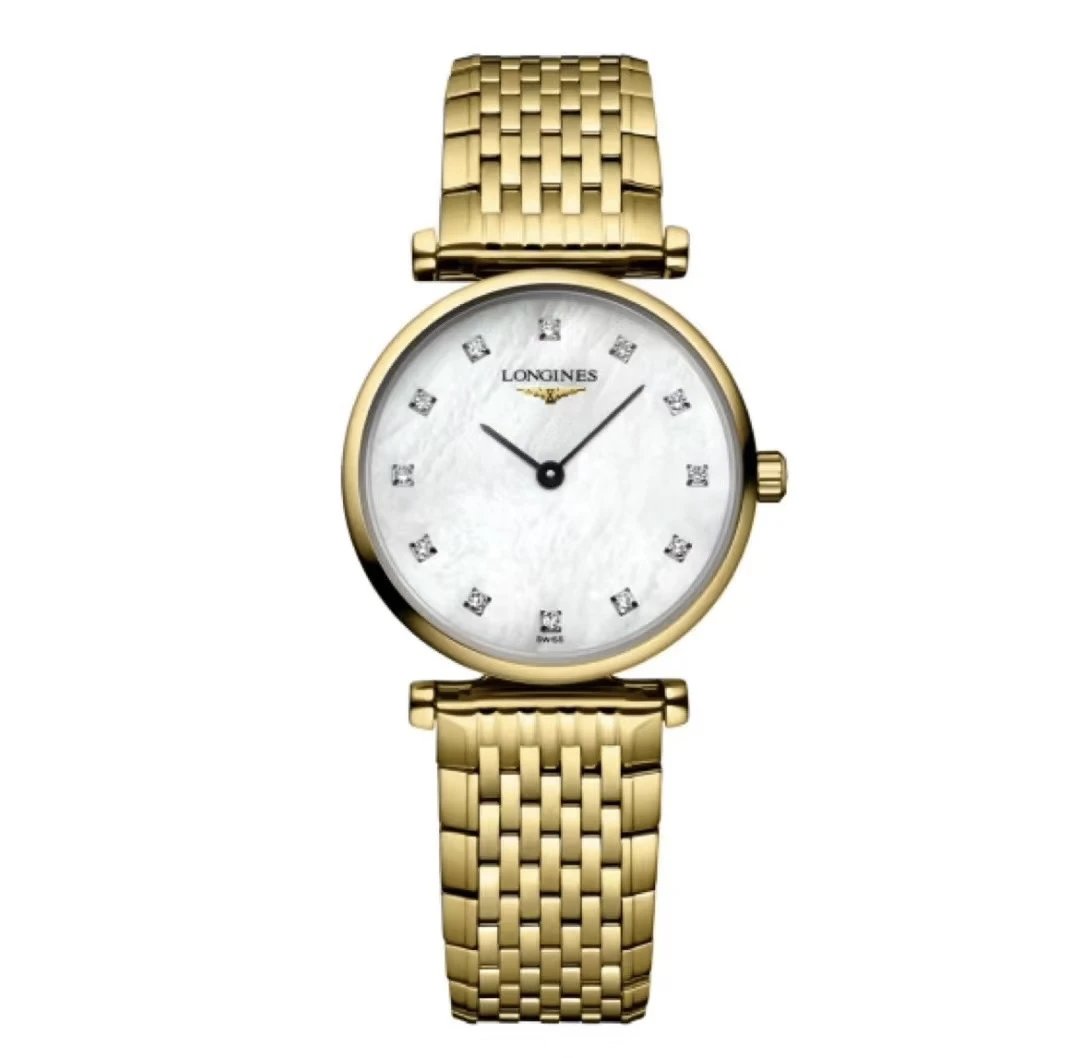 Longines goudkleurig horloge met witte parelmoeren wijzerplaat