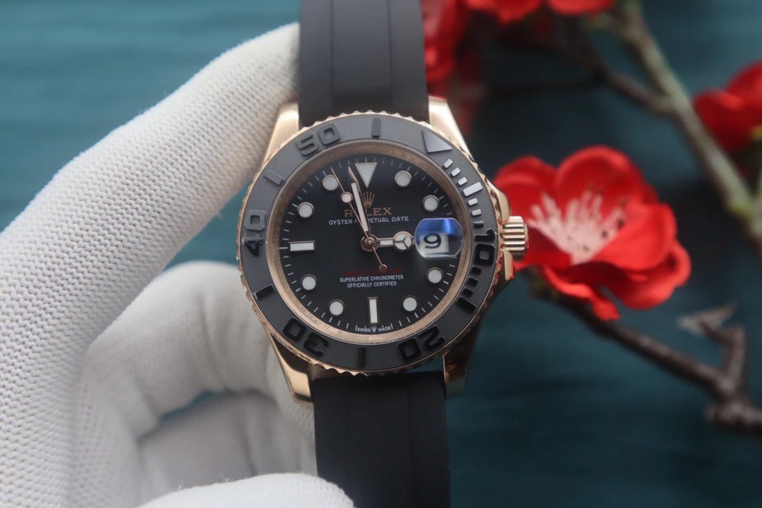 Reloj Rolex Yacht-Master con caja en tono oro rosa y correa negra 40 mm Variante B Estilo 01