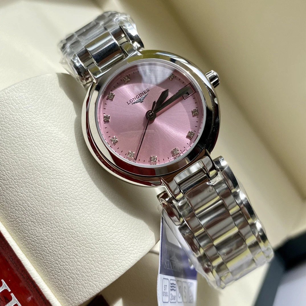 Longines roestvrijstalen horloge met roze wijzerplaat