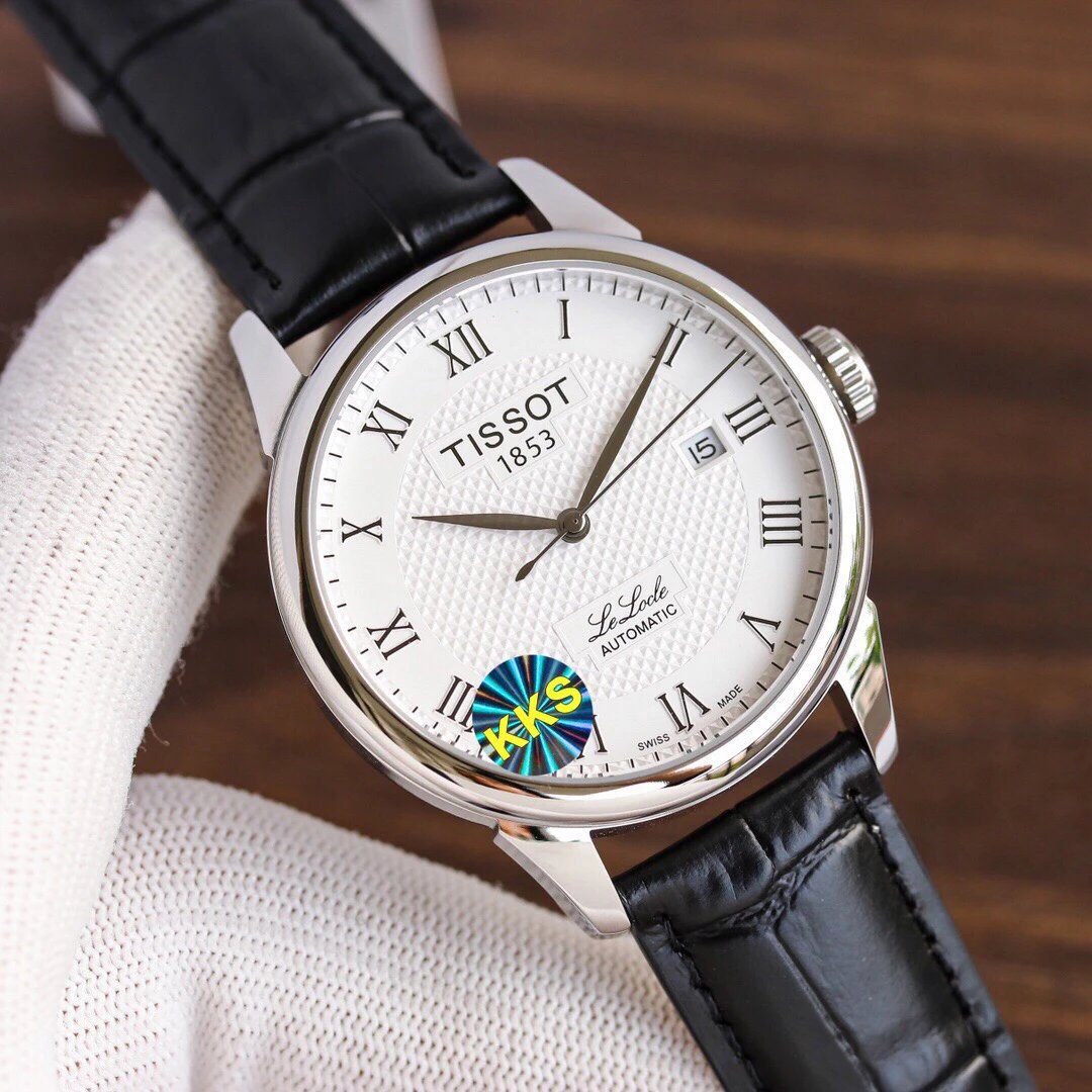 Tissot Le Locle automatisch horloge met witte wijzerplaat en zwarte leren band