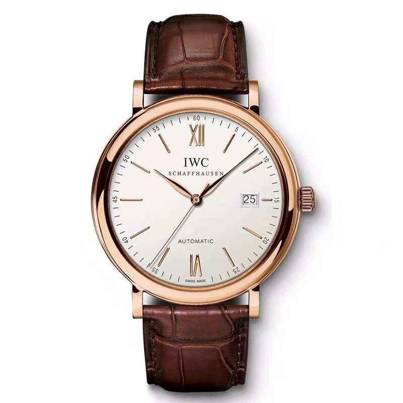 IWC Automatik-Uhr mit roségoldfarbenem Gehäuse und braunem Lederarmband