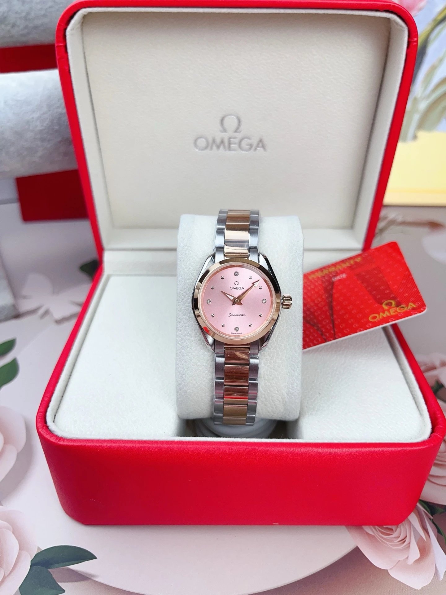 Omega Seamaster Watch with Pink Dial and Two-Tone Bracelet