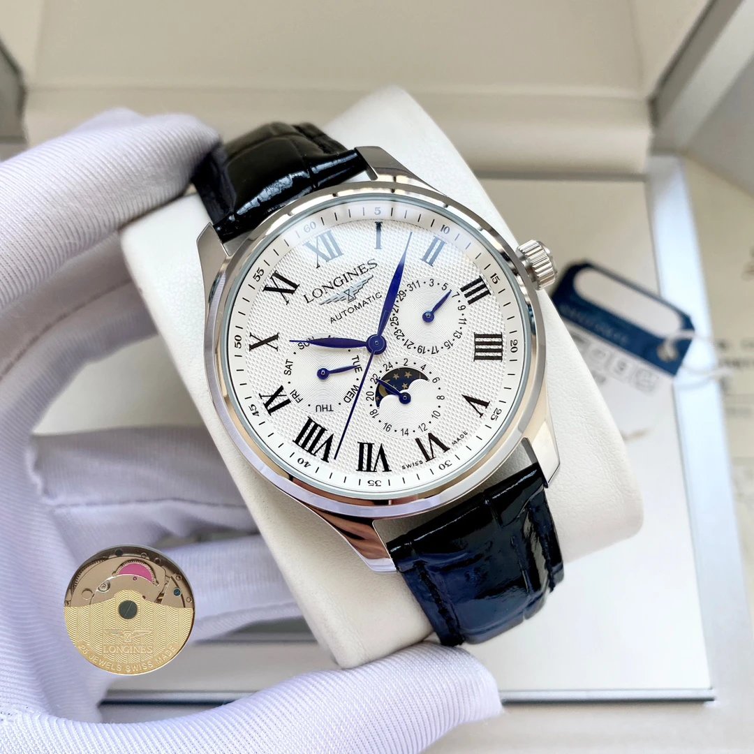 Longines automatisch horloge met maanfase en zwarte lederen band